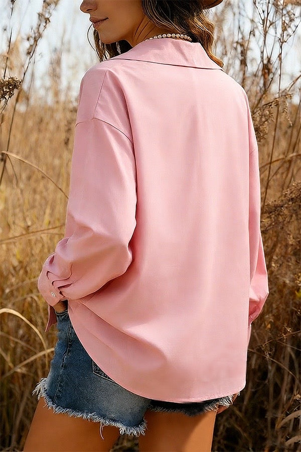 Pink Tie-Front Collar Blouse