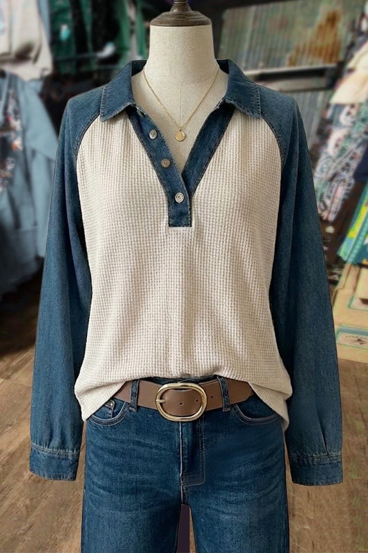 Denim and Waffle Knit Color-Block Henley Top