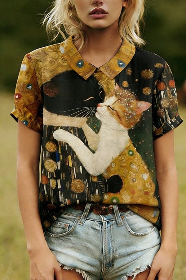 Artistic Cat Print Collar Top