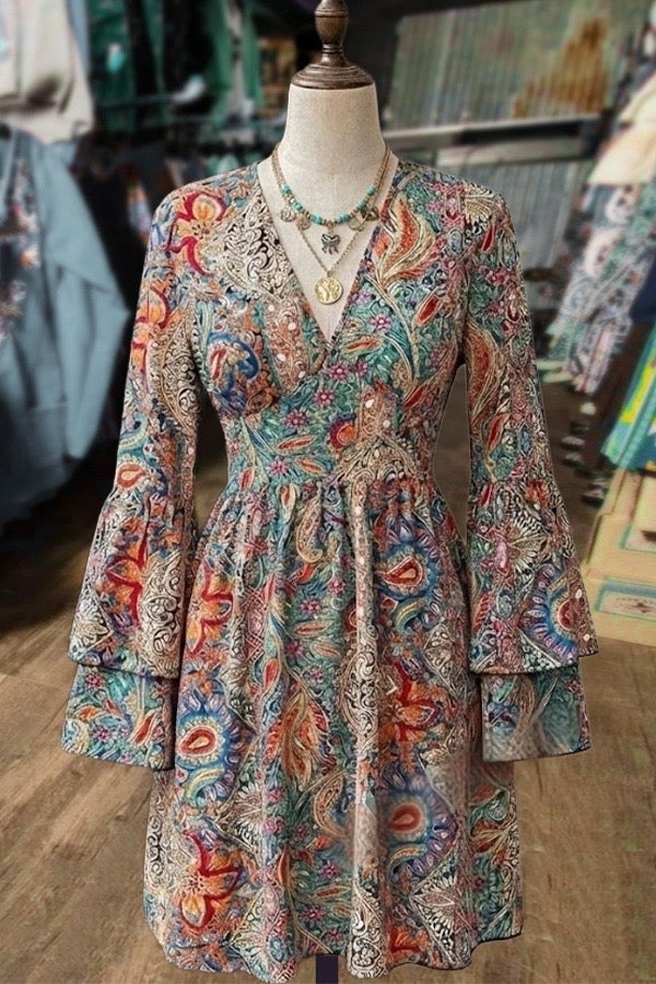Multicolor Paisley Print Bell Sleeve Mini Dress