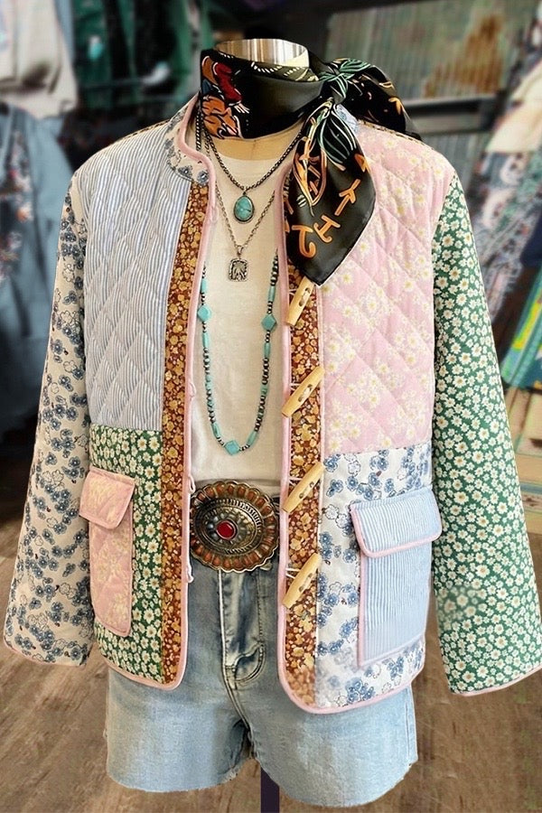 Mixed-Pattern Patchwork Quilted Jacket