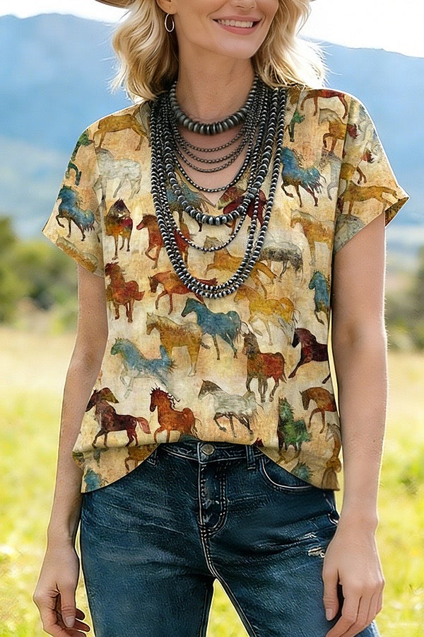 Watercolor Horse Print Western Top