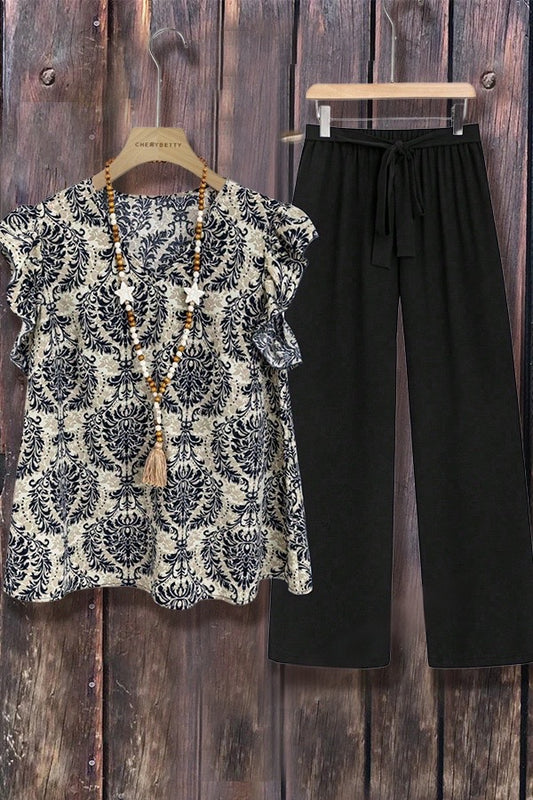 Black and White Damask Print Two-Piece Set