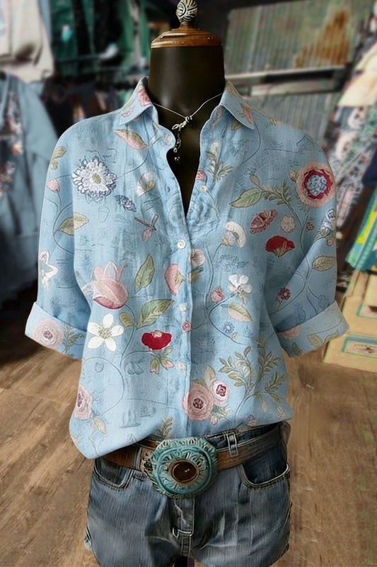 Light Blue Floral Embroidered Button-Down Shirt