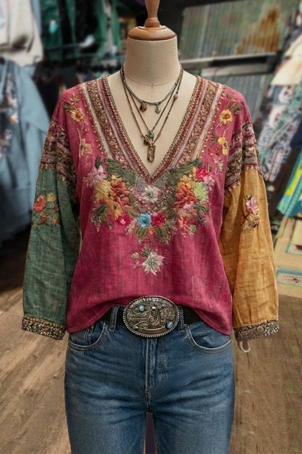 Bohemian Floral Embroidered Color-Block Tunic