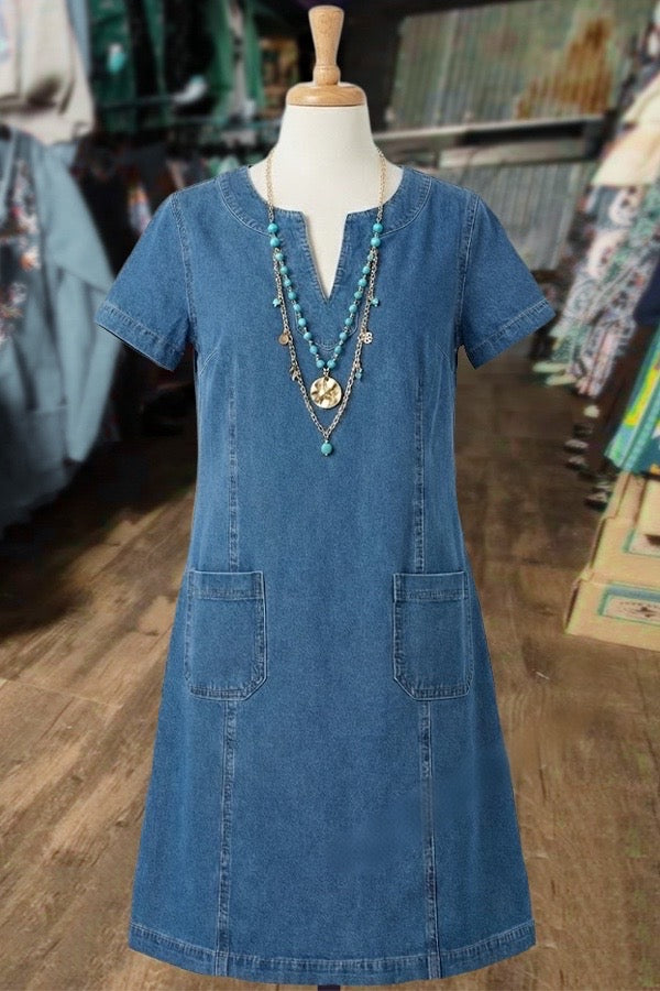 Denim Shift Dress with Pockets