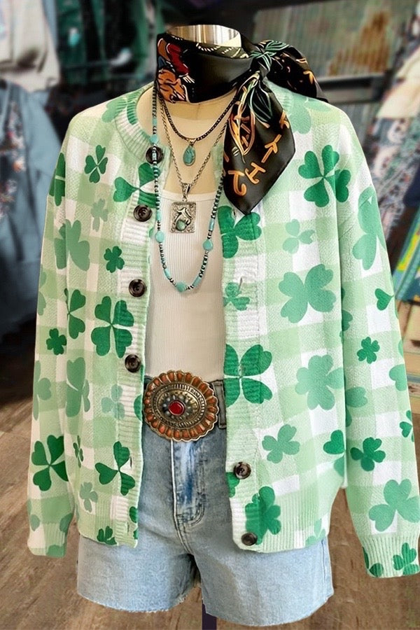 Green Shamrock Print Button-Front Cardigan