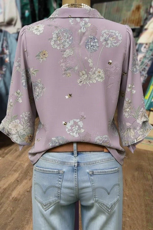 Vintage Floral Print Split Neck Three Quater Dolman Sleeves Blouse