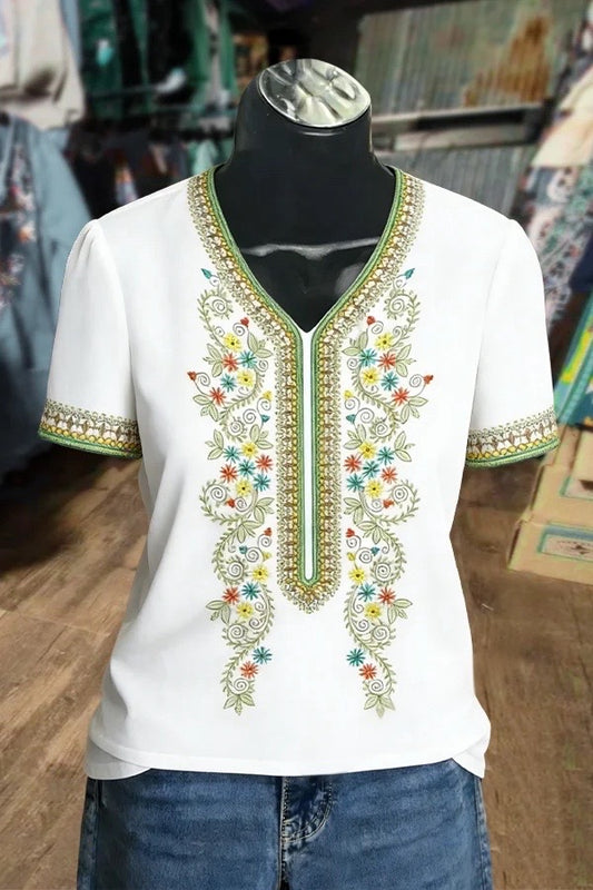 Boho Flower Print V-Neck Short Sleeve Top