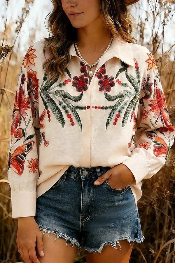 Chic Floral Print Button Up Blouse