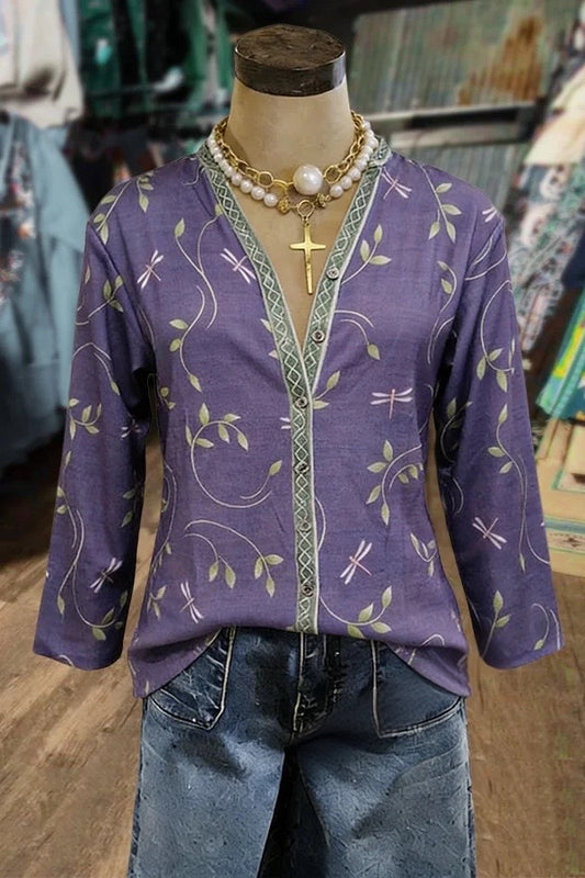 Vintage Floral Print Button Up Long Sleeve Blouse