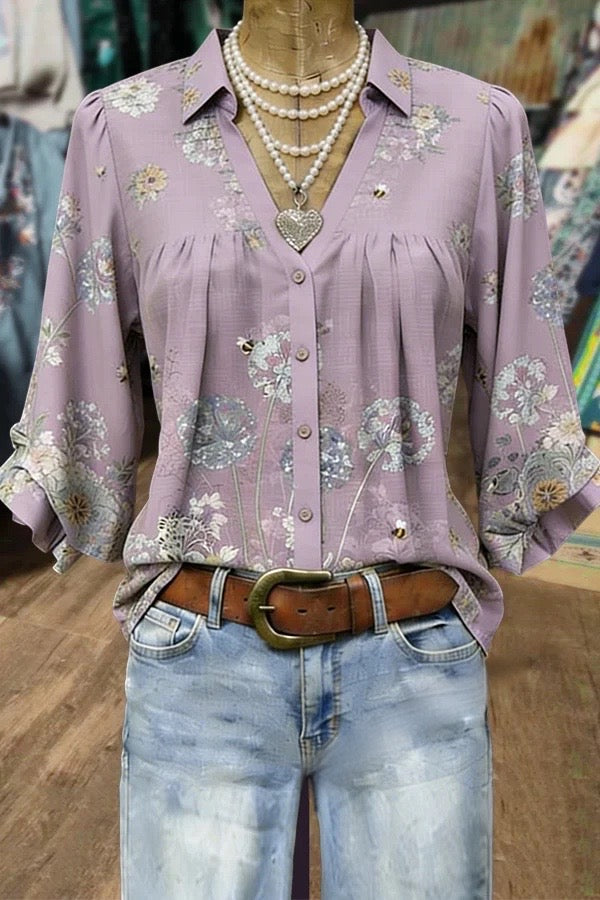 Vintage Floral Print Split Neck Three Quater Dolman Sleeves Blouse