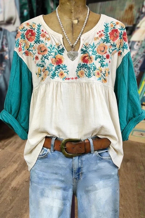 Vintage Floral Embroidered Notch Neck Half Sleeve Blouse