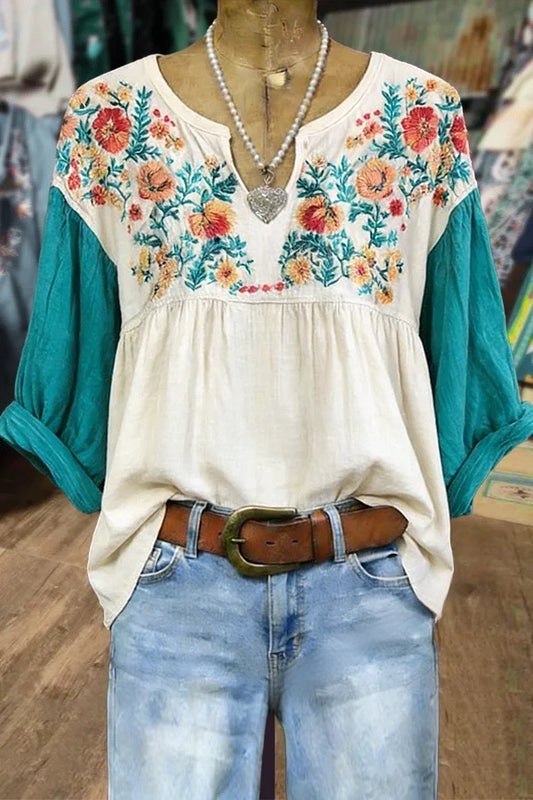 Vintage Floral Embroidered Notch Neck Half Sleeve Blouse