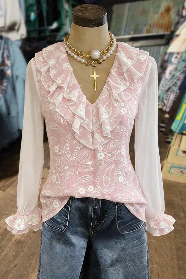 Retro Paisley Floral Print Ruffle V-Neck Mesh Top