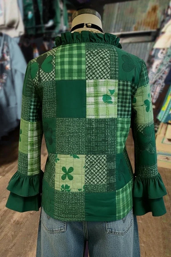 St.Patrick's Day Print Ruffle Neck Double Bell Sleeves Blouse