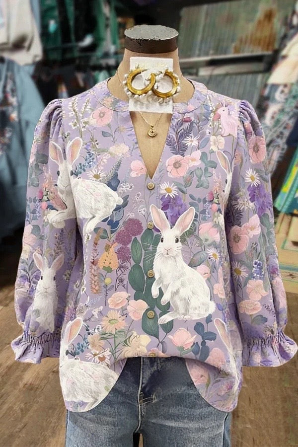 Easter Bunny Print V-Neck Puff Sleeve Top