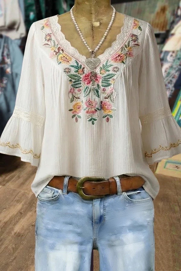Boho Flower Embroidered Lace V-Neck Top