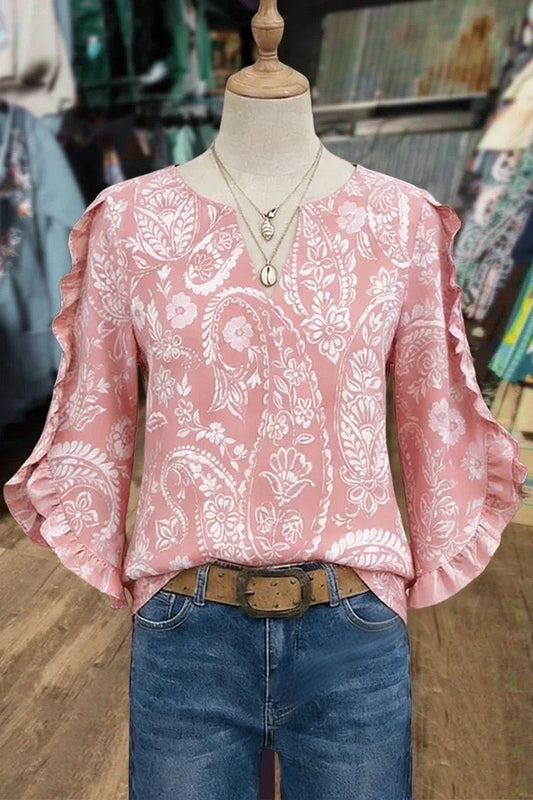 Vintage Paisley Print Ruffle Trim Three Quater Sleeves Blouse