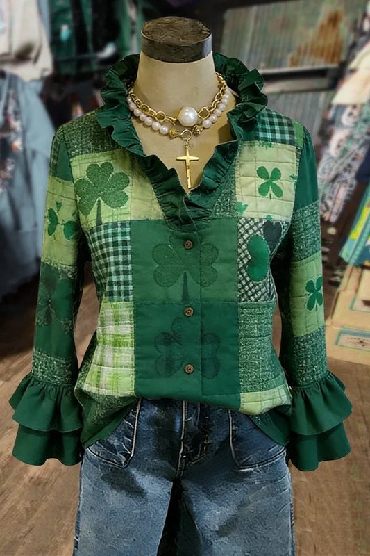 St.Patrick's Day Print Ruffle Neck Double Bell Sleeves Blouse
