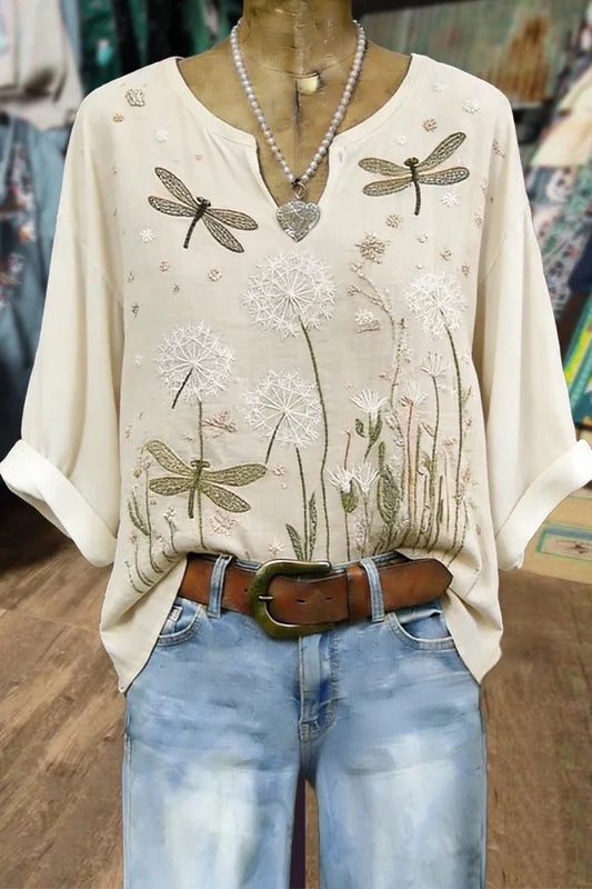 Vintage Floral Embroidered Notch Neck Half Sleeve Blouse