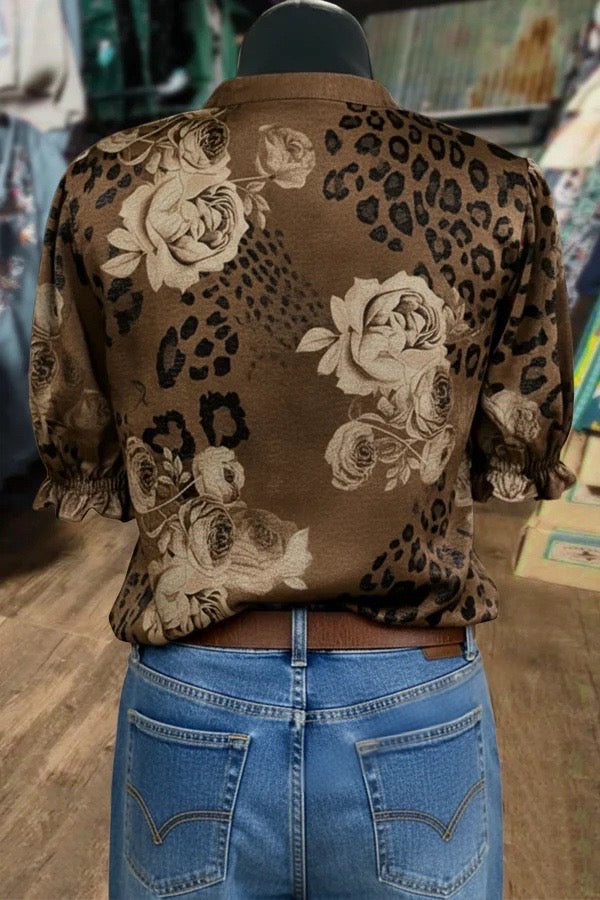 Mixed Leopard Floral Print V-Neck Top