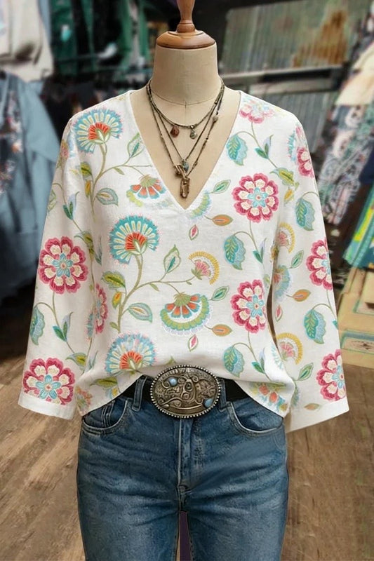 Retro Floral Print V-Neck Blouse