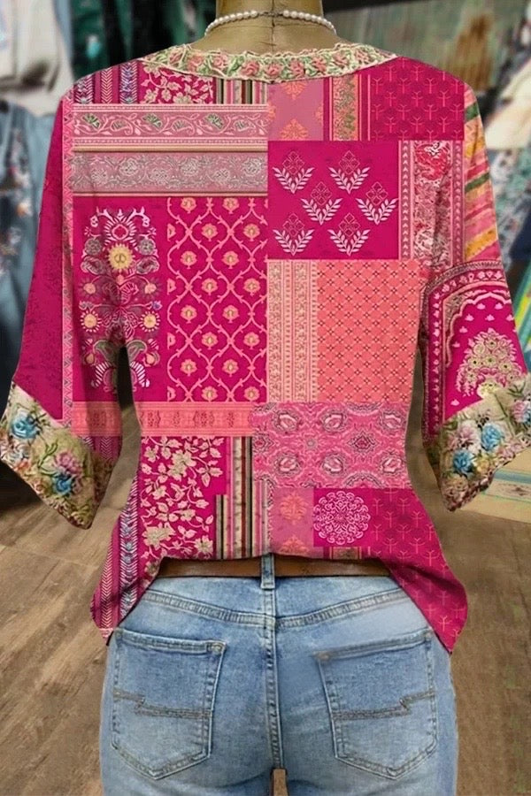 Mixed Floral Print V-Neck Blouse