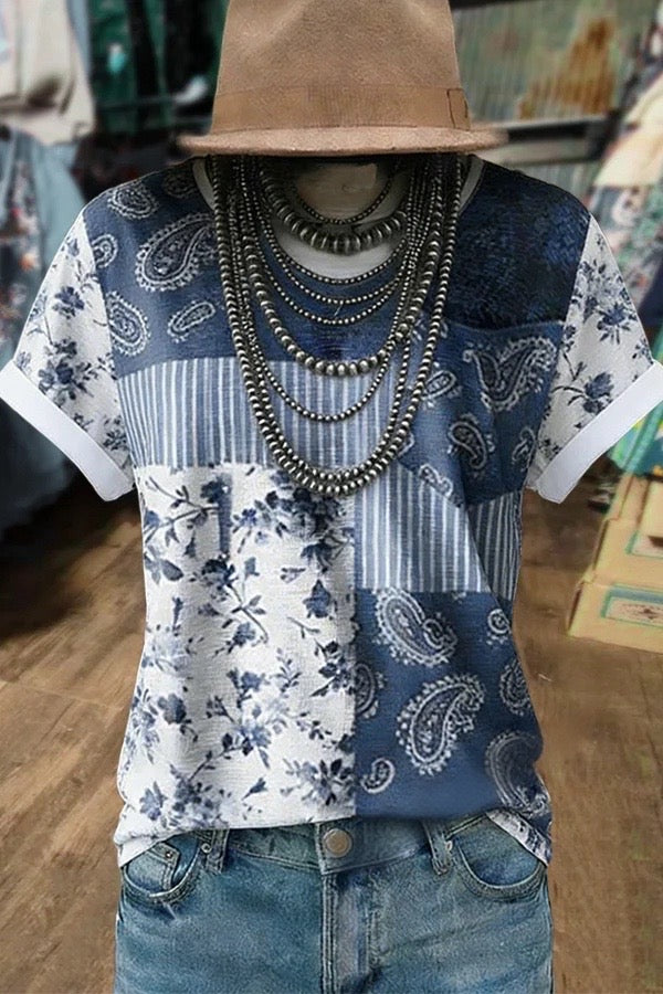 Retro Mixed Floral Patch Round Neck T-Shirt