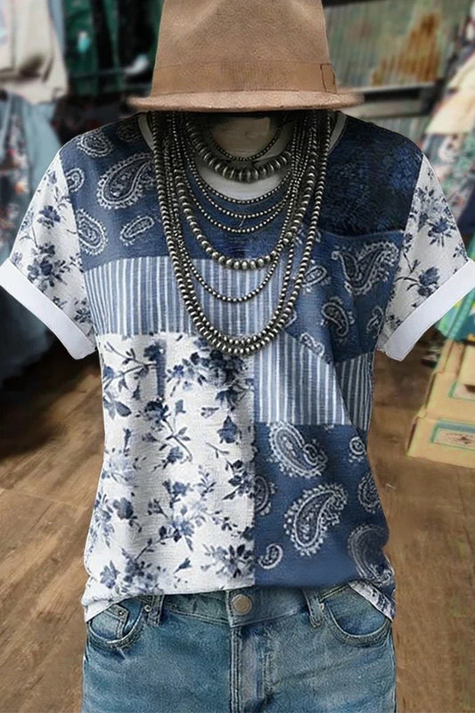 Retro Mixed Floral Patch Round Neck T-Shirt