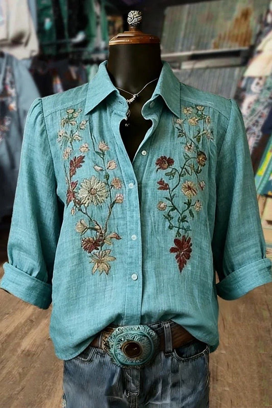 Vintage Floral Print Collared Long Sleeve Blouse