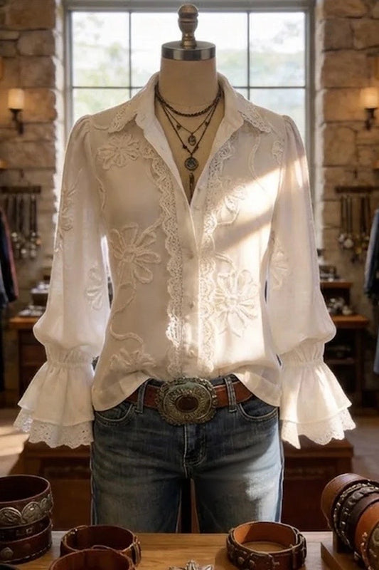 Chic Flower Embroidered Lace Pactch Double Flared Cuffs Blouse