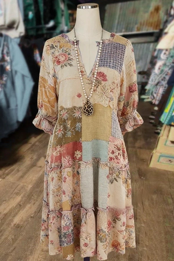 Vintage Mixed Floral Patch Print  Half Sleeve Midi Dress