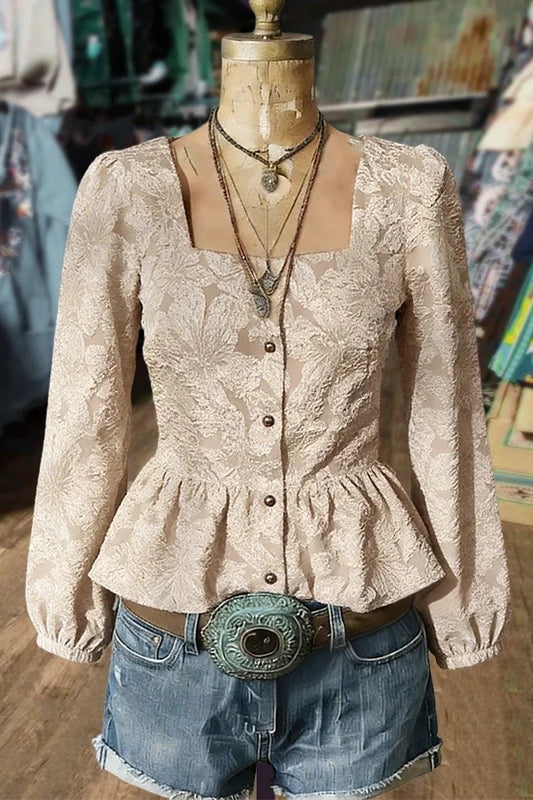 Chic Flower Jacquard Square Neck Long Sleeve Top