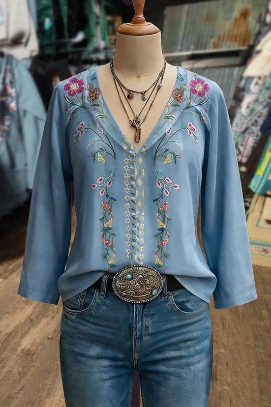 Boho Flower Embroidered V-Neck Blouse