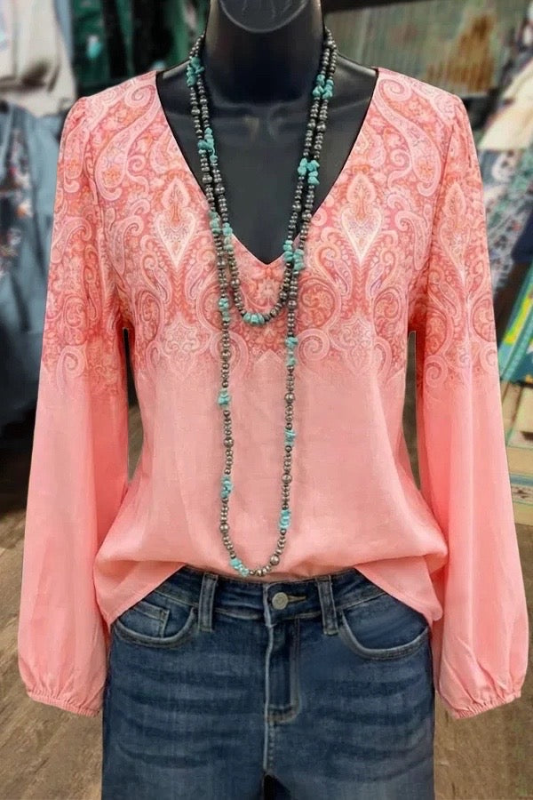 Retro Gradient Paisley Print V-Neck Blouse