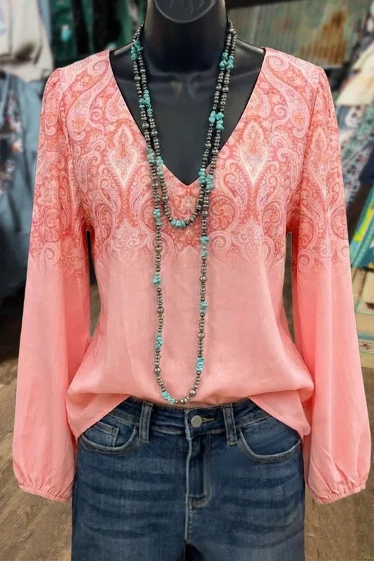 Retro Gradient Paisley Print V-Neck Blouse
