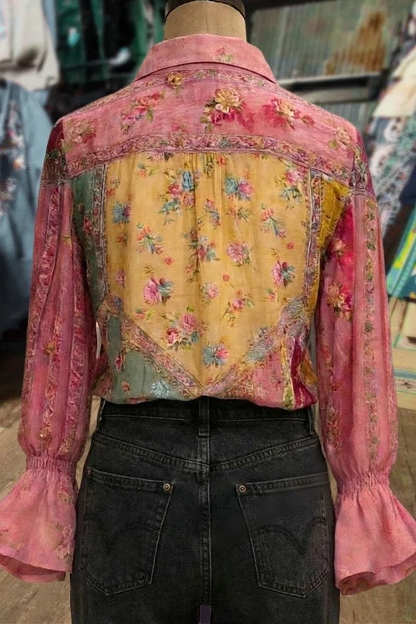 Multi Floral Print Collared Flared Cuffs Blouse