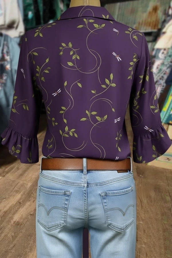 Vintage Floral Print Embroidered V-Neck Half Sleeve Blouse