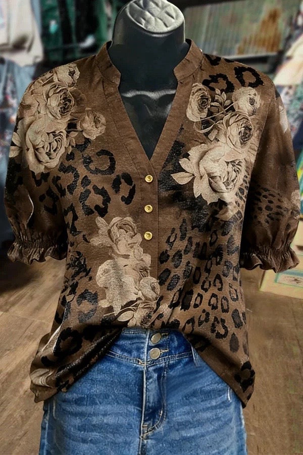 Mixed Leopard Floral Print V-Neck Top