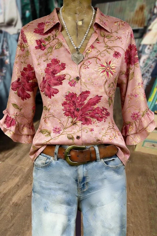 Vintage Floral Print Double Ruffle Cuffs Blouse