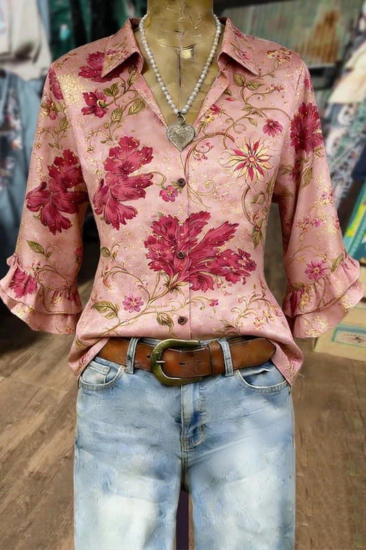Vintage Floral Print Double Ruffle Cuffs Blouse