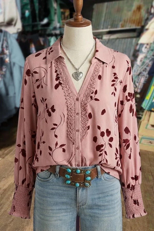 Spring Floral Print Lace V-Neck Smocked Long Sleeve Blouse