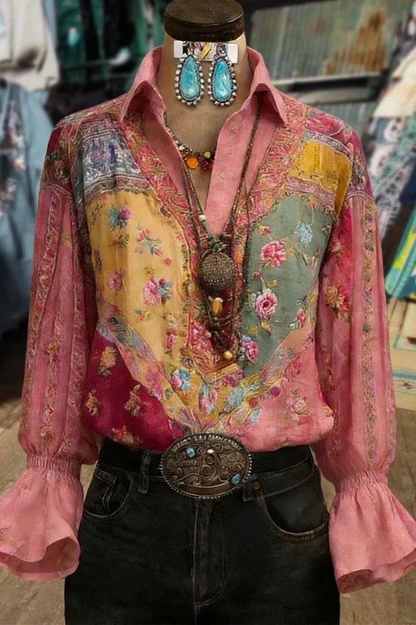 Multi Floral Print Collared Flared Cuffs Blouse