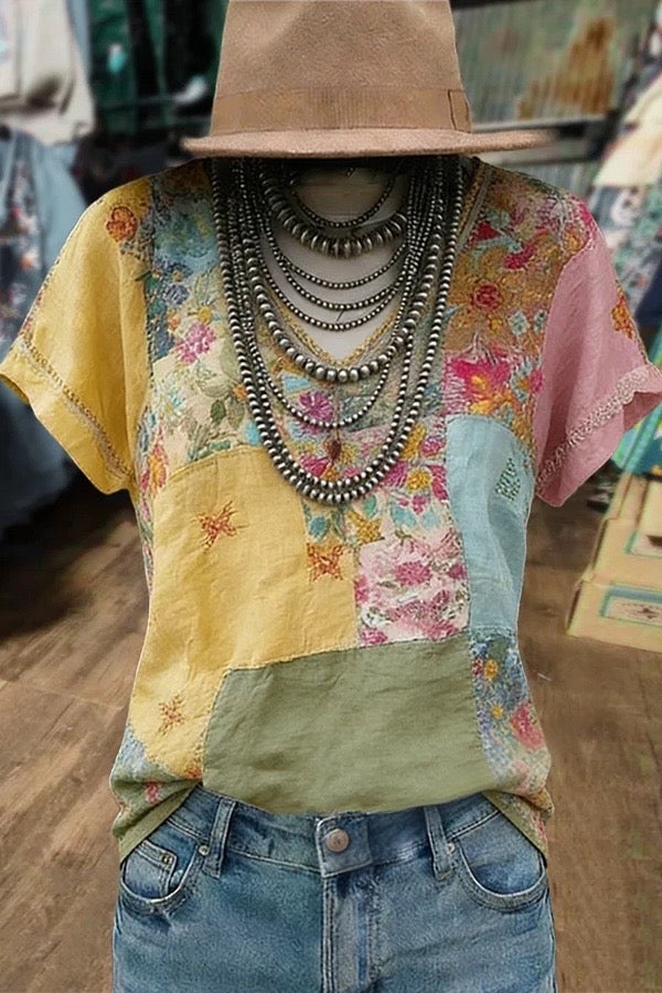 Retro Mixed Floral Patch V-Neck T-Shirt
