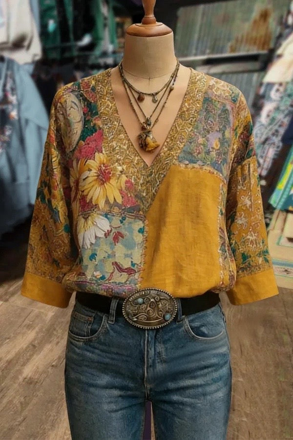 Boho Flower Print V-Neck Blouse