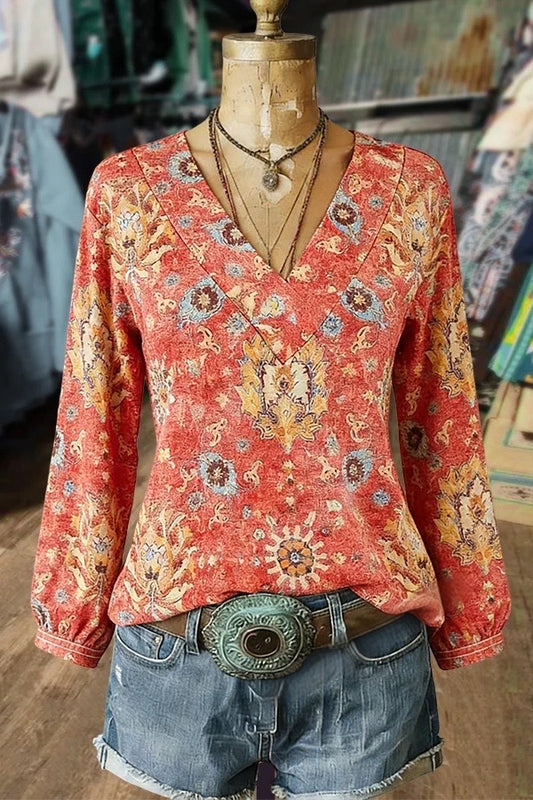 Retro Floral Print V-Neck Long Sleeve Top
