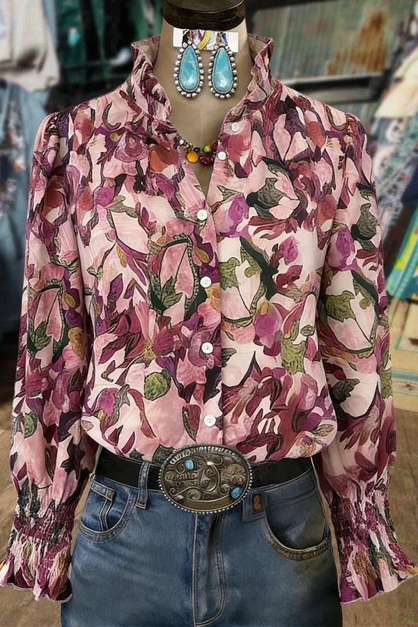 Vintage Floral Print Button Up Smocked Long Sleeve Blouse