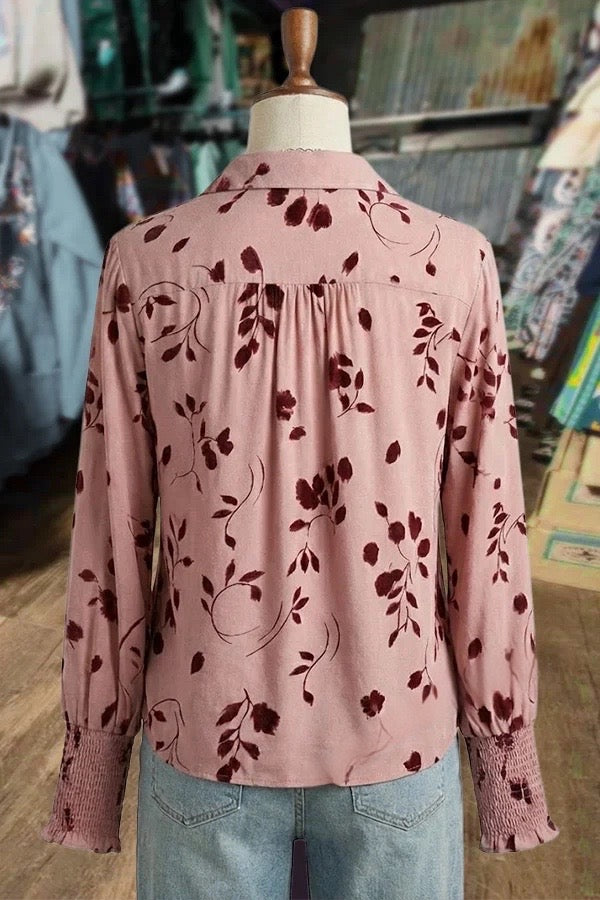 Spring Floral Print Lace V-Neck Smocked Long Sleeve Blouse
