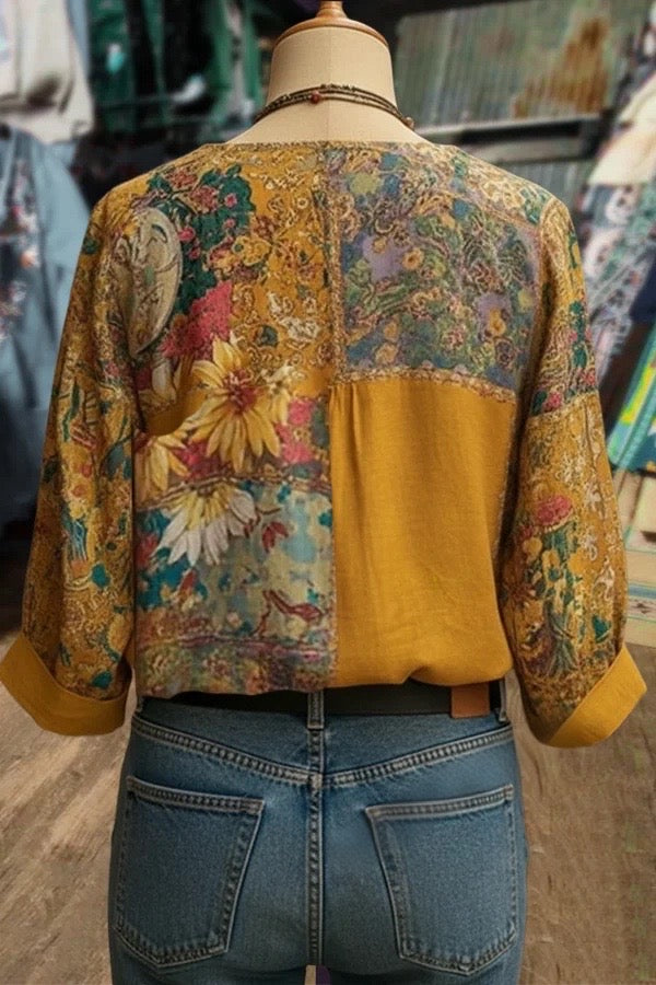 Boho Flower Print V-Neck Blouse